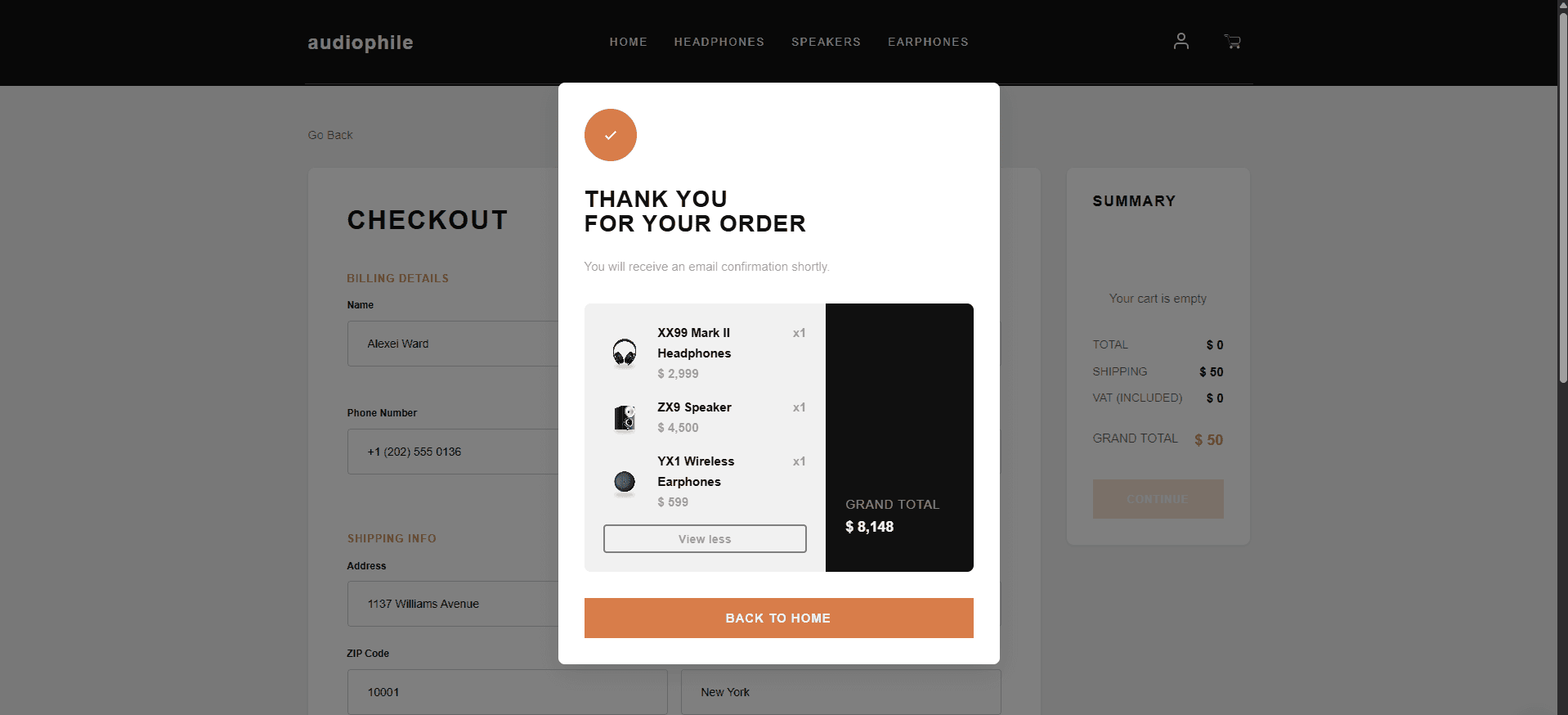 Confirmation de la commande