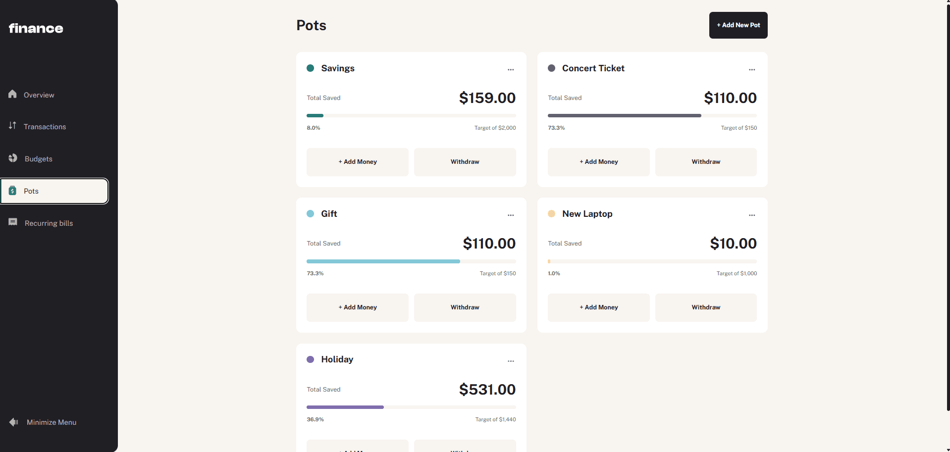 Gestion des pots d'épargne