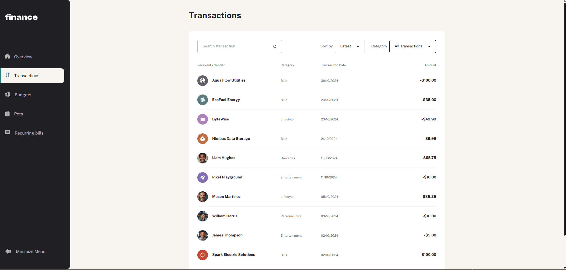 Interface de gestion des transactions